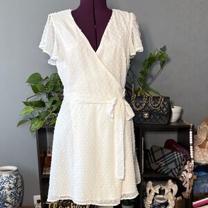 Lulus Elegant White Textured Wrap Dress with Flutter Sleeves